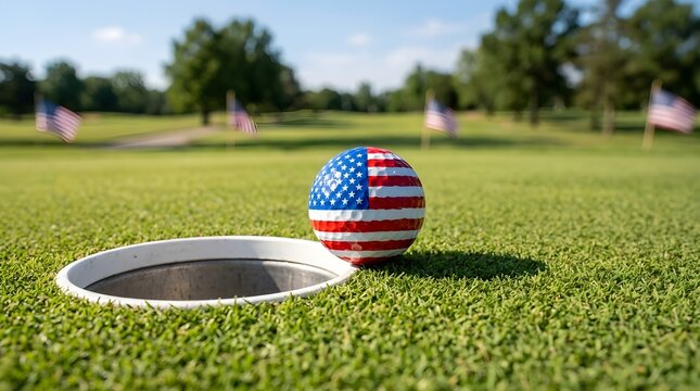 A vibrant patriotic golf ball with stars and stripes design sits close to the hole on a well maintained green golf course
