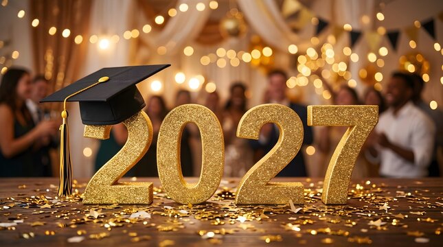Celebrating the graduating class of 2027 with a golden display and a blurred festive party in the background symbolizing achievement