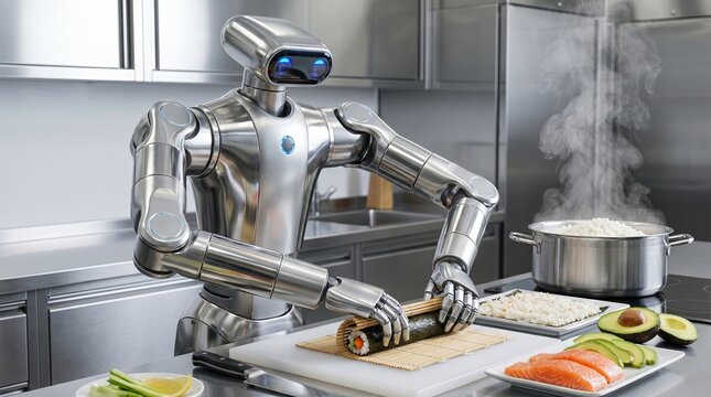 Silver humanoid robot preparing sushi with salmon and avocado on steel counter in futuristic kitchen with steam, concept of automated gastronomy