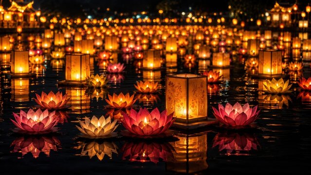 Thousands of glowing lotus lanterns float on water at night
