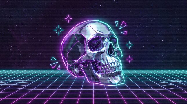 Retrowave chrome skull with neon glow, synthwave metallic human cranium on 80s grid, futuristic vaporwave skull art