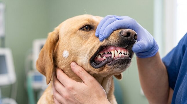A veterinarian examines a dog's teeth during a checkup in a clinic. The dog is a light-colored Labrador retriever with its mouth open, revealing its teeth.