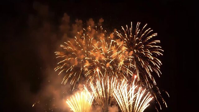 Vibrant fireworks exploding in the night sky with golden sparks