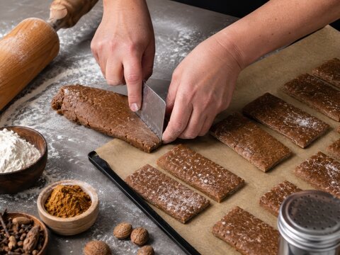 Aachener Printen werden frisch zugeschnitten und f&uuml;rs Backen vorbereitet: H&auml;nde portionieren den w&uuml;rzigen Gew&uuml;rzteig auf dem Backblech &ndash; traditioneller deutscher Klassiker aus Aachen.
