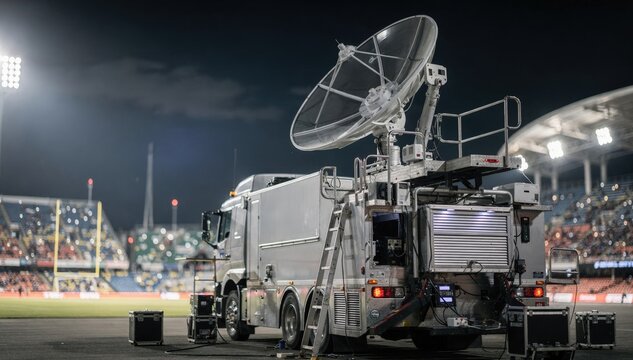 Close medium shot of a broadcast truck with a fully deployed satellite dish at a nighttime sports event highlighting technical detail against blurry stadium lights.