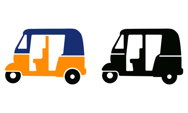 Icon set of colored and black auto rickshaw vehicles with three wheeler rickshaw transportation
