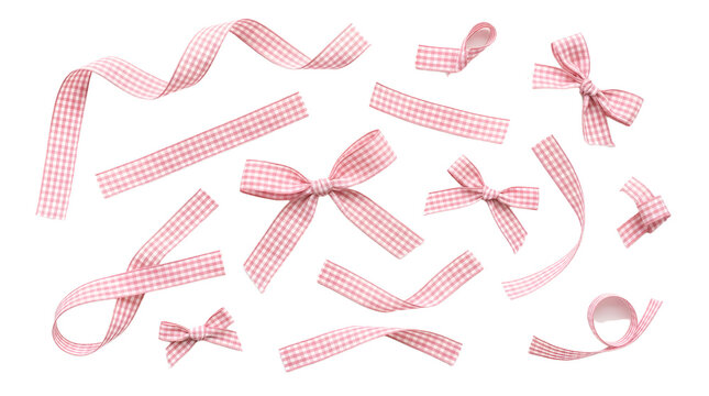 Collection of pink gingham ribbons and bows isolated on transparent background