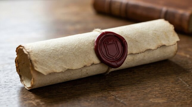 Ancient rolled parchment scroll sealed with red wax on a wooden table