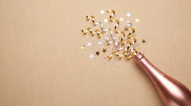 A rose gold champagne bottle tipped over with streamers and confetti exploding out, celebrating a special occasion