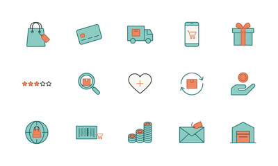 Fototapeta premium Set of flat line e commerce and online shopping icons for website design and mobile applications