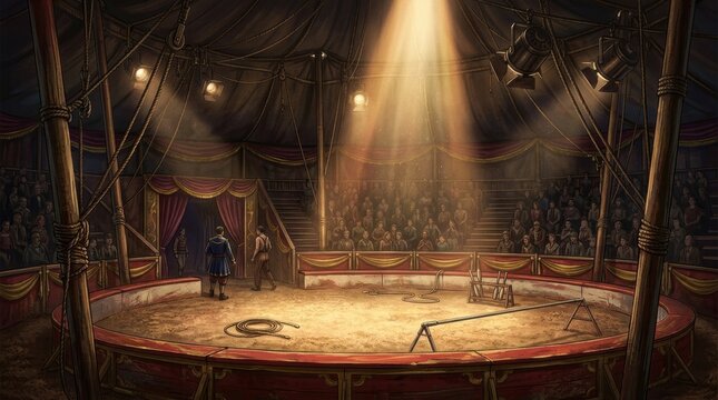Vintage circus tent interior with performers and audience under spotlights
