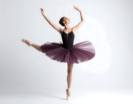 Ballerina in purple tutu performing grand ballet pose.