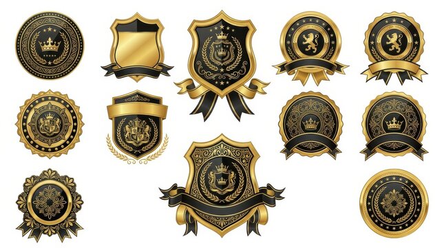 Collection of ornate gold and black heraldic badges and crests