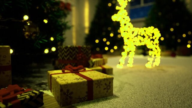 Glowing reindeer and wrapped presents on snowy tabletop with warm bokeh lights, golden ribbon, textured paper, pine sprigs and subtle sparkle, staged as festive