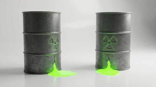 Leaking radioactive barrels with glowing green hazardous waste spill