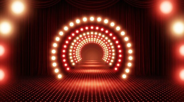 Illuminated red carpet tunnel with stage lights and velvet curtains