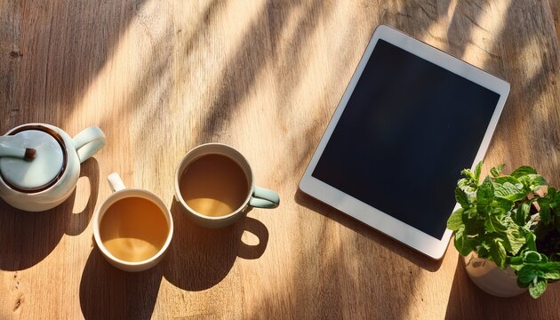 sunlit wooden table with mugs plants and tablet