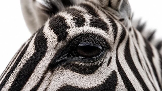 Extreme Close-up of a zebra's eye showing the intricate patterns of its black and white stripes and the dark pupil