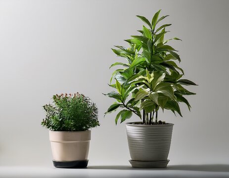 two potted plants one larger than the other sit on a light grey background