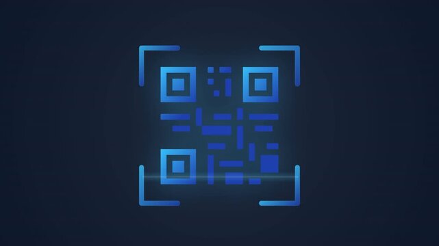 Matrix barcode scanning on dark background with glowing blue light bar in minimalist style for fintech application