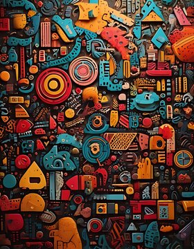Colorful Abstract Collage of Various Objects and Symbols.