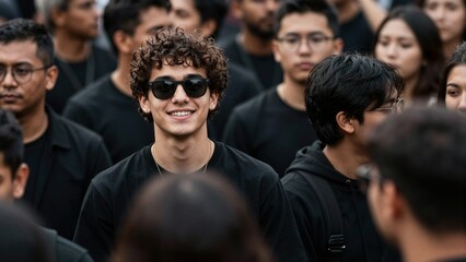 Fototapeta premium A young man with curly hair and sunglasses stands out smiling amidst a dense urban crowd, exuding calm confidence.
