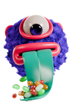 3d monster with long tongue eating jelly beans, transparent background