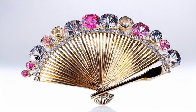 elegant diamond fan brooch with pink yellow and white gems