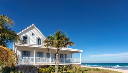 Fototapeta premium coastal beach house with white shutters wraparound balcony and swaying palm trees under a clear blue sky