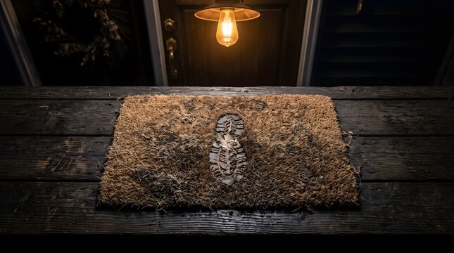 A muddy boot footprint stamped on a rustic coir doormat under a warm porch light, symbolizing homecoming, lingering journeys, and physical traces left at the threshold.