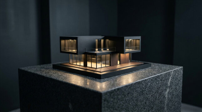 Architectural model of a modern luxury house on a stone pedestal. Miniature building project for real estate development. Contemporary home design concept with internal warm lighting