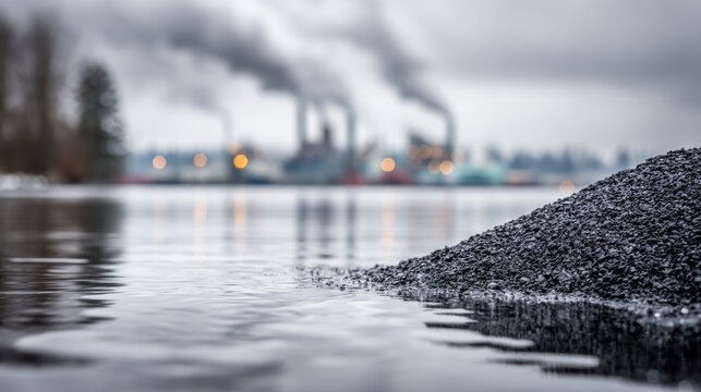 Industrial landscape showcasing black gravel near water with smoke billowing from factories in the background