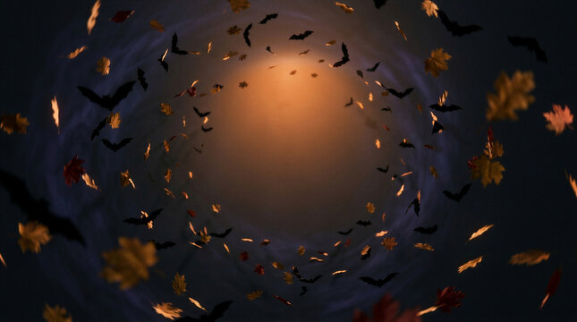 Bats and autumn leaves swirling in a vortex around an orange light source. Conceptual background for Halloween design and seasonal marketing. Dark moody motion graphic tunnel effect