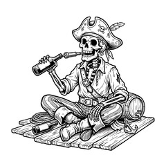 Naklejka premium Skeleton pirate drinking rum from bottle