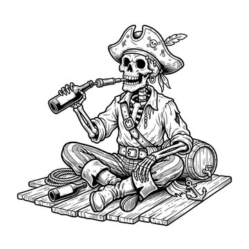 Skeleton pirate drinking rum from bottle