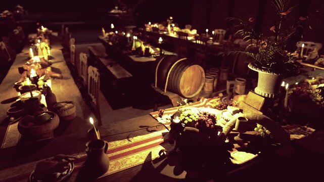 Candlelit rustic banquet table set, innkeeper arranging harvest display warm amber glow spills over wooden barrels, pottery and earthenware platters with bread,