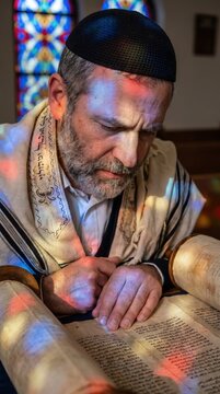 Elderly jewish man in black kippah and tallit reads ancient scroll on foreground table against stained glass synagogue background, atmosphere of sacred devotion