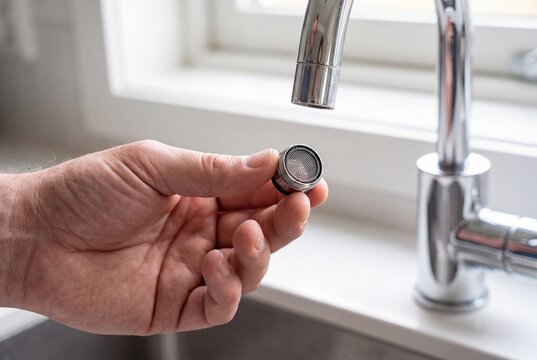 Close Up Of Hand Holding Small Faucet Aerator Mesh Screen For Home Plumbing Repair