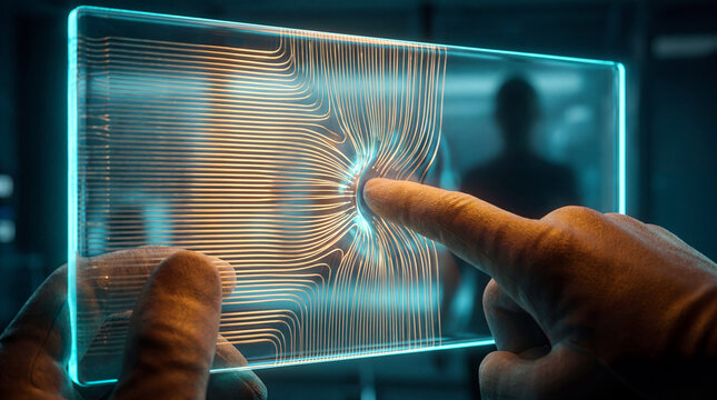 Hand touching a glowing holographic panel with radiating light lines