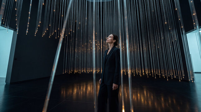 Businesswoman standing beneath a canopy of illuminated hanging light threads