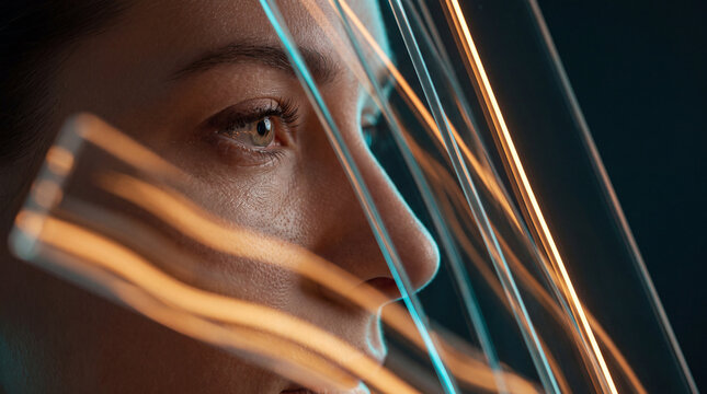 Close-up profile of a woman's face crossed by glowing light streaks