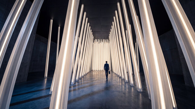 Businessman walking through a forest of illuminated light columns