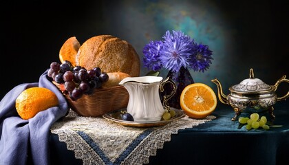 still life classical vintage baroque style breakfast with bread grapes orange cream and flowers on dark background © Clayton