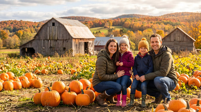 Happy family of four enjoying a sunny autumn day at a picturesque pumpkin patch with two rustic barns and vibrant fall foliage adorning the rolling hills a joyful family outing for seasonal fun