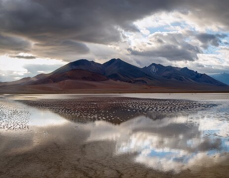 vast mountains are perfectly reflected in the shallow water of a salt flat under a cloudy sky
