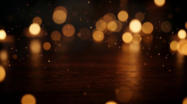 Blurred golden light orbs floating over a dark wooden surface. Particle effect with soft focus background for holiday promotional banner. Abstract marketing texture for commerce event