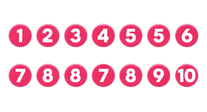 Set of pink circular number icons isolated on a transparent background for educational counting games and list organization