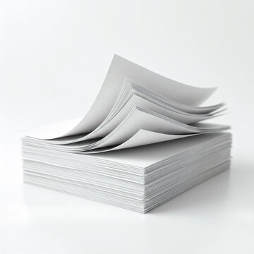 Minimalist stack of blank white paper sheets with top pages curling on a white surface for office and business stationery mockup