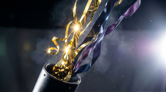 Confetti cannon launching gold and purple ribbons into air. Festive celebration equipment for event marketing. Commercial promotion for Black Friday and seasonal holiday retail campaigns