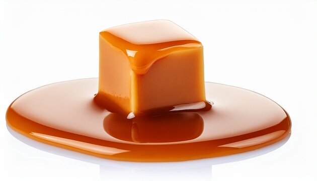 caramel sauce flowing on caramel cube isolated on white background